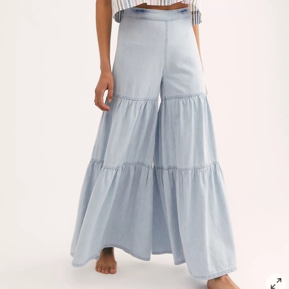free people wide legged tiered chambray pants - Picture 1 of 5